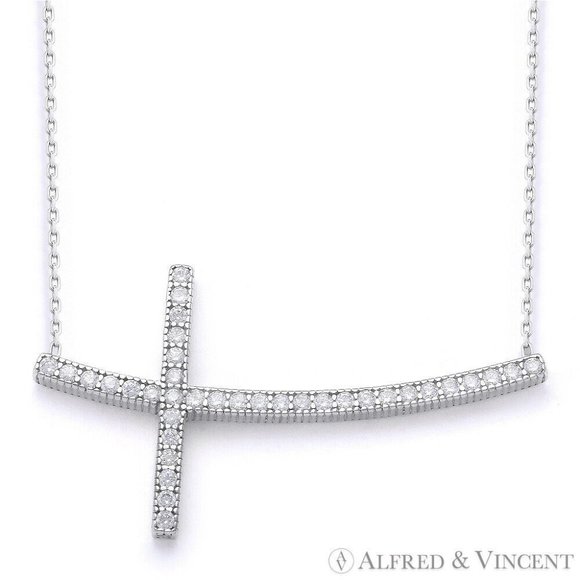 Curved Sideways CZ Crystal Cross Pendant & Chain Necklace in 925 Sterling Silver - Picture 1 of 1